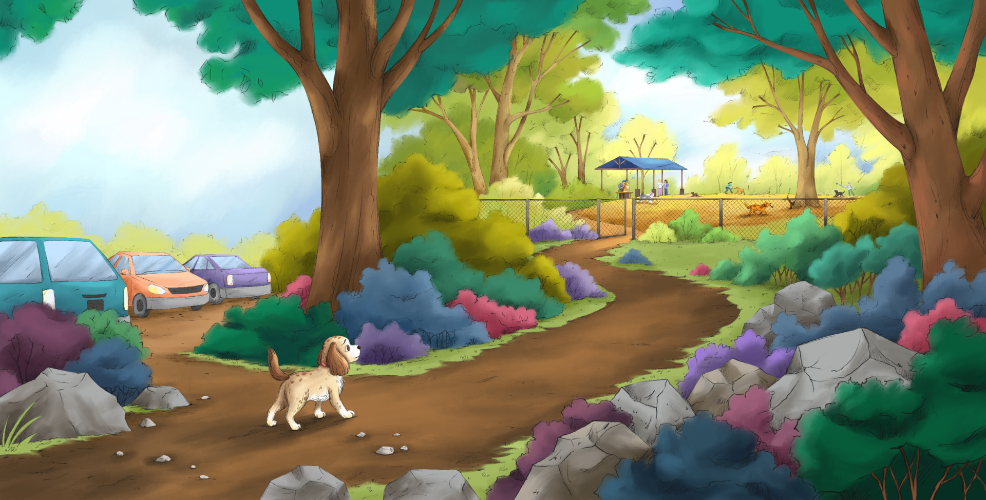 Daisy, a small cream spaniel, pausing on the dirt path that leads up to the dog park gate