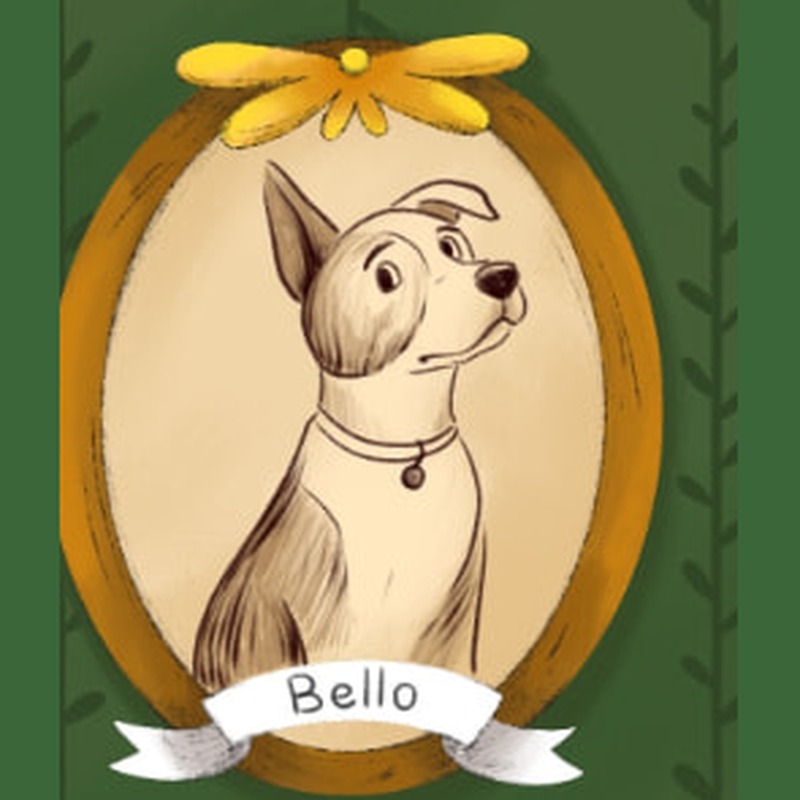 Illustrated framed portrait of Bello