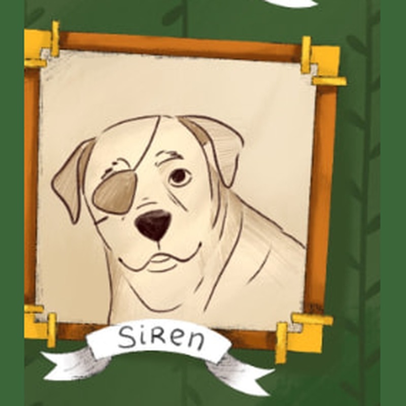 Illustrated framed portrait of Siren, a one-eyed rottweiler mix
