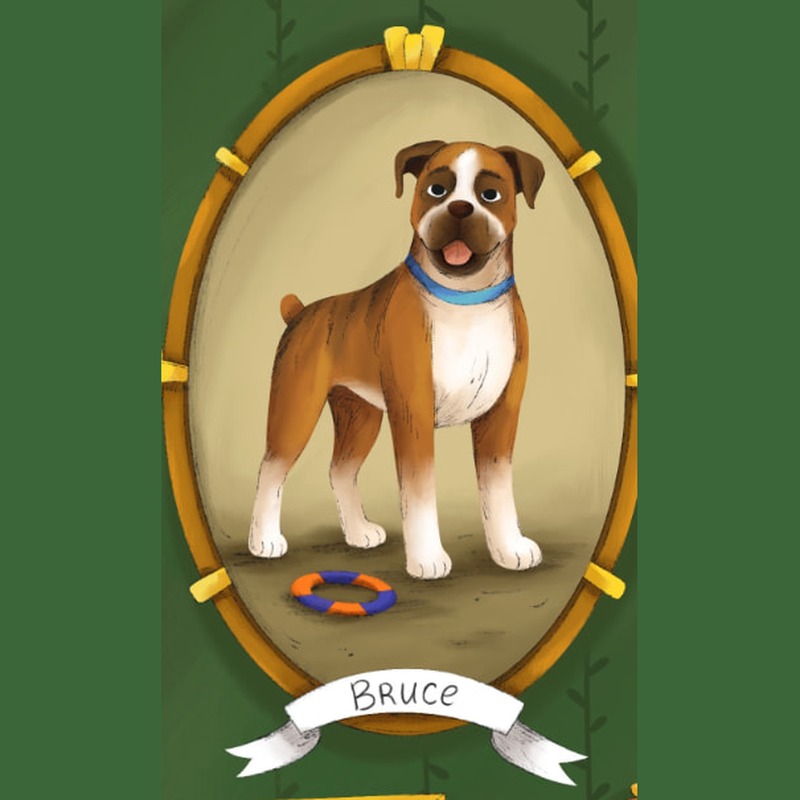 Illustrated portrait of Bruce, a brindle boxer, standing over his ring toy