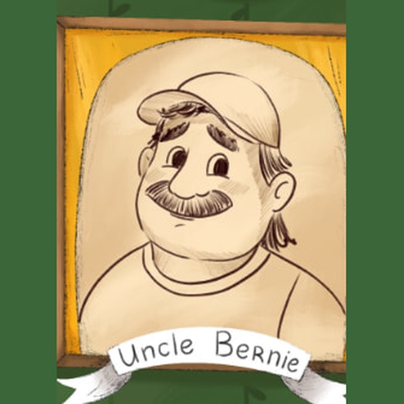 Illustrated framed portrait of Uncle Bernie in a ball cap