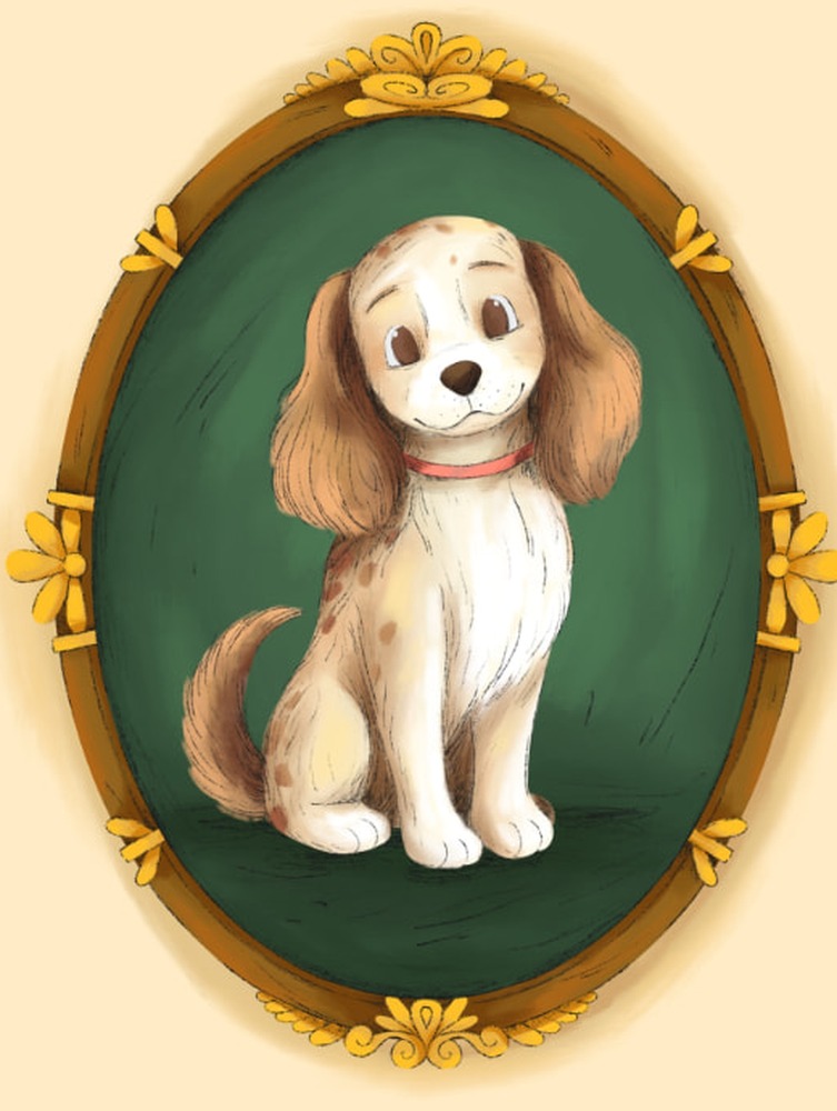 Daisy, a cream and tan spaniel, sitting in an oval gold picture frame