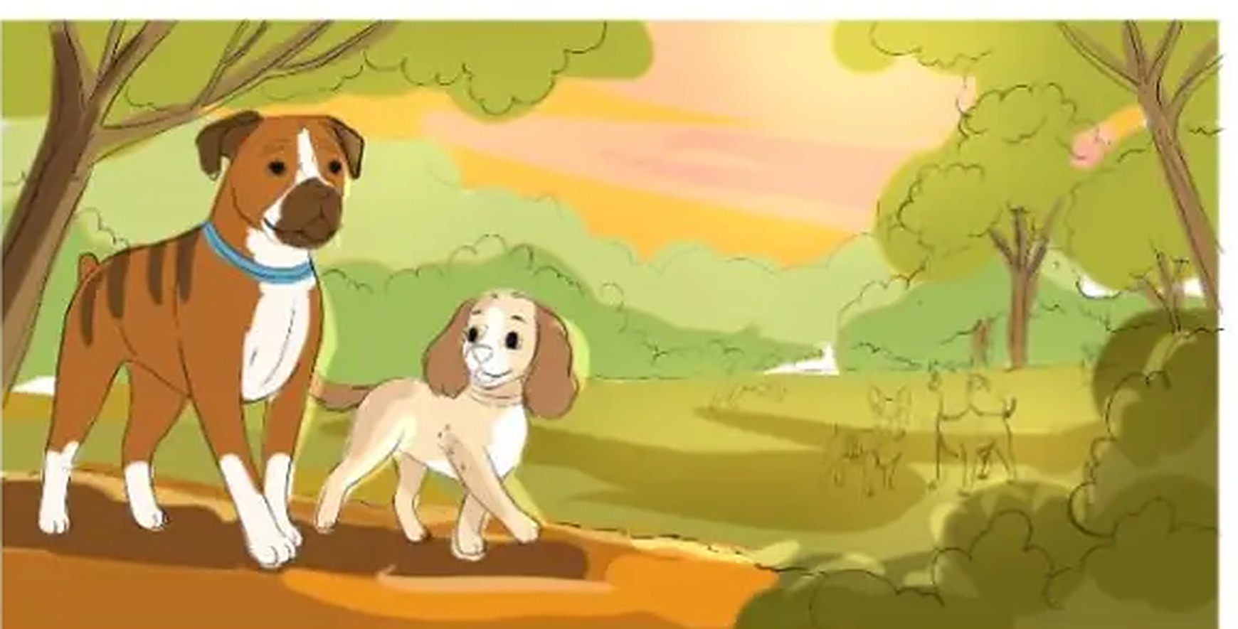 Bruce the boxer walking beside Daisy along the golden path at sunset